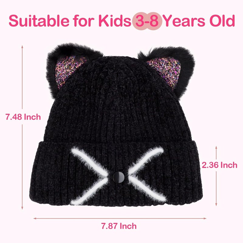 ACTLATI Little Girls Sequin Cat Ears Hats Cute Warm Knit Beanie Hat for Kids Winter Outdoor Snow Ski Skull Cap 3-8 Years - Image 2